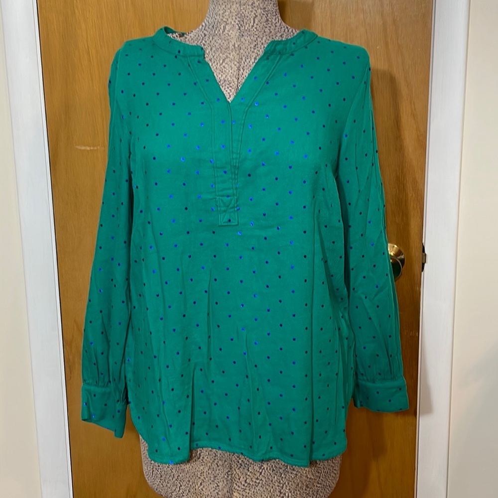 Talbots Womens Large Petite LP Green w Purple Shimmery Polka Dots V-Neck